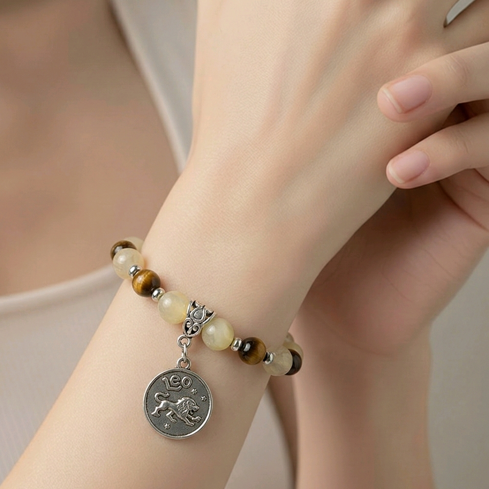 Leo Zodiac Beaded Charm Bracelet - Rutilated Quartz Honey Calcite Tiger's Eye 7"